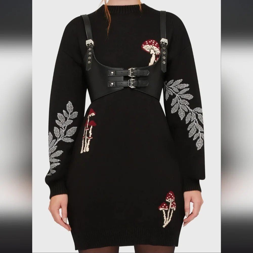 Killstar Black Crewneck Sweater Dress with Red Mushroom & Silver Leaf Accents - Picture 3 of 5